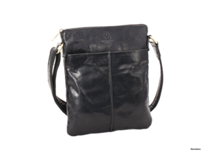 Fekete bivalybőr női bőrtáska Shoulderbag Small LB019, LB019 fekete kis kézitáska belső zsebekkel, Elegáns fekete bőrtáska Shoulderbag Small viselése a vállon, Valódi bőr Shoulderbag Small fekete táska cipzáros részletei